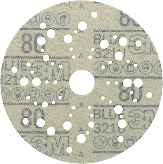 3M Hookit Blue Abrasive Discs 36157, Multi-Hole, 5 in, 80+ Grade, Pack of 50, Virtually Dust-Free, for Auto Sanding, Body Repair, Featheredging, Primer Sanding, Paint Preparation, E-Coat Sanding