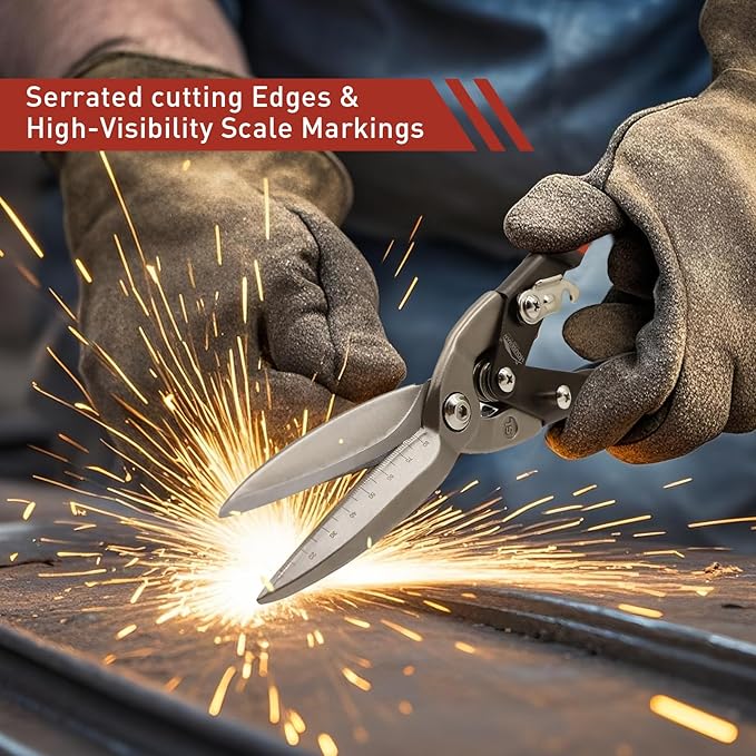 12 Inch Aviation Snips, Long Straight Cut Tin Snips, Heavy Duty CR-MO Metal Cutters with Double Lever, Scale Markings & Safety Lock, Shears Scissors for Cutting Metal Sheet