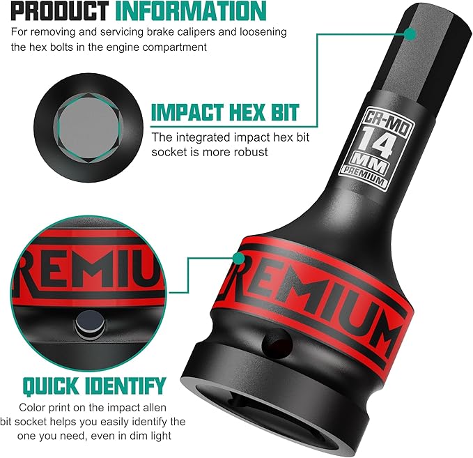 3/4" Drive H14 Impact Hex Bit Socket, 14 mm Allen Bit Socket, Metric, Cr-Mo Steel, Car Maintenance, Furniture Installation, Mechanic Use