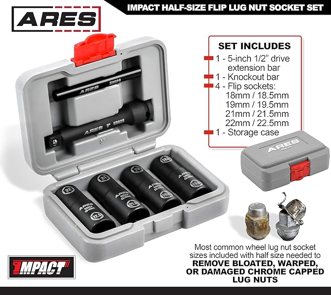 ARES 59065-6pc Half Size Lug Nut Flip Impact Socket Set - 1/2-Inch Drive ??Removes Bloated/Damaged Chrome Capped Lug Nuts ??Flip Sockets - Includes 5-Inch Extension and Knockout Bar