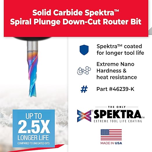 Amana Tool Solid Carbide Spektra Extreme Tool Life Spiral Plunge Router Bit Down-Cut, 46239-K, 3/32 Dia x 1/4 CH x 1/8 Shank 2 Inch L