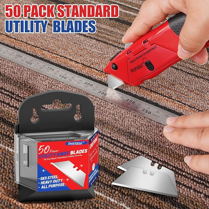 DIYSELF 50 Pack Utility Knife Blades, SK5 Steel Box Cutter Blades with Dispenser, Standard Blades for Box Cutter Utility Knife Replacement, Sharper Utility Blade, Refills