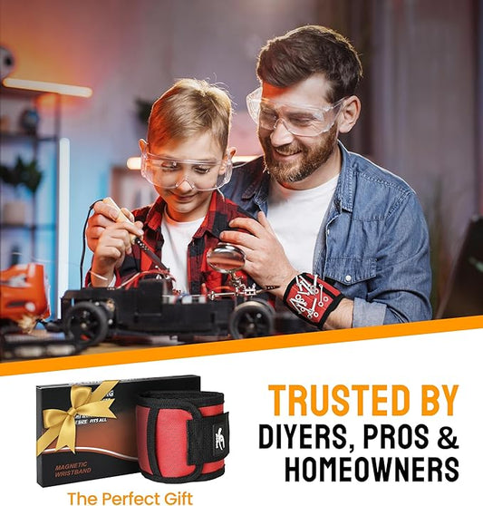 HiRui Magnetic Wristband for Tools ??Ultra-Strong 15 Neodymium Magnets Hold Screws, Nails & Bits, Dual Pockets ??Hands?멑ree for DIY, Home Repairs, Auto ??Gift?멢eady for Dad, Husband, Grandpa (Red)