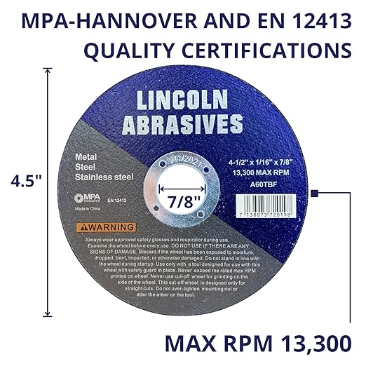 200 Pc 4.5" x 1/16" x 7/8" Cut-Off Wheels Lincoln Abrasives Metal & Stainless Steel
