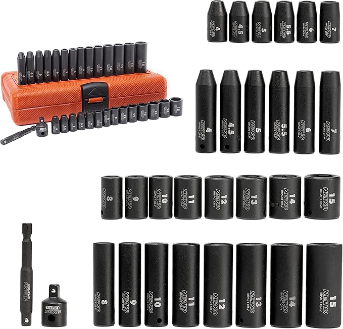 NEIKO 02481A 1/4" Drive Impact Socket Set, 30 Piece, Metric Sizes 4 ??15 MM, Deep and Shallow Sockets, Chrome Vanadium Steel, 3/8??to 1/4??Reducer, Hex Shank Socket Impact Adapter, Socket Wrench Set