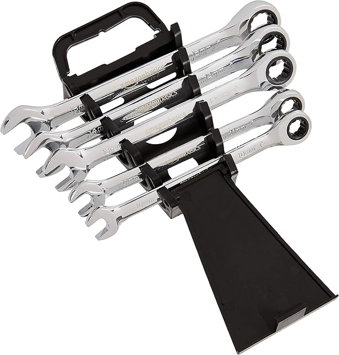 Amazon Basics Ratcheting Wrench Set, Metric, 5 Piece, Black/Silver