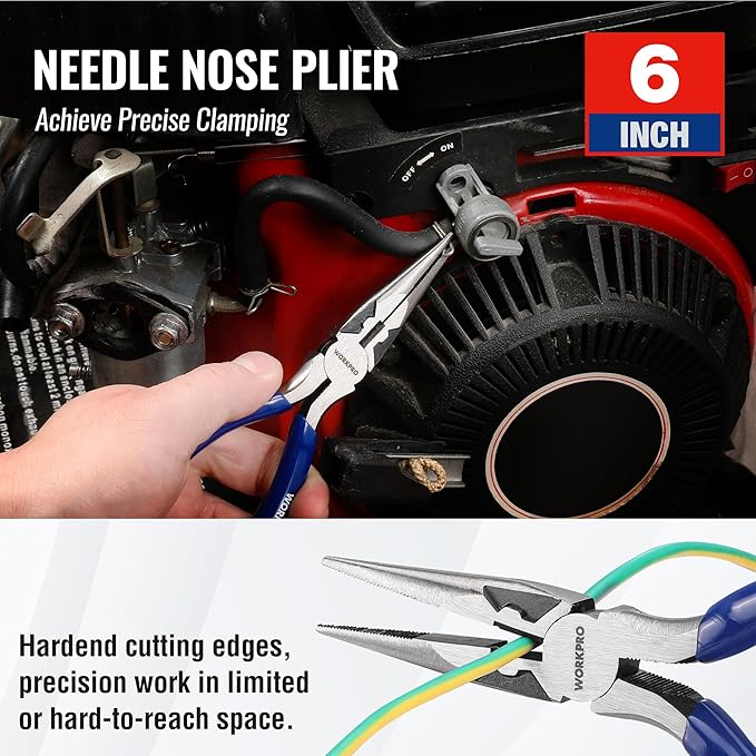 WORKPRO Pliers Set, 3-Piece Plier Tool Set with Soft Handle, 6" Needle Nose, 6" Slip Joint, 8" Groove Joint Plier for DIY & Home Use