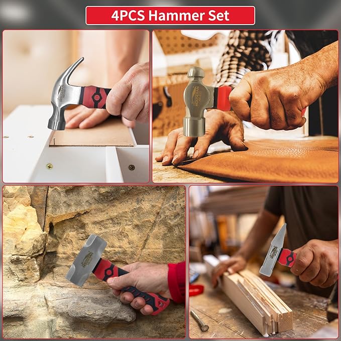 4-Piece Small Hammer Set, 8oz Ball Peen, Claw, Sledge, Cross Peen, Mechanic Hammer Mini Mallet Tool for Craft