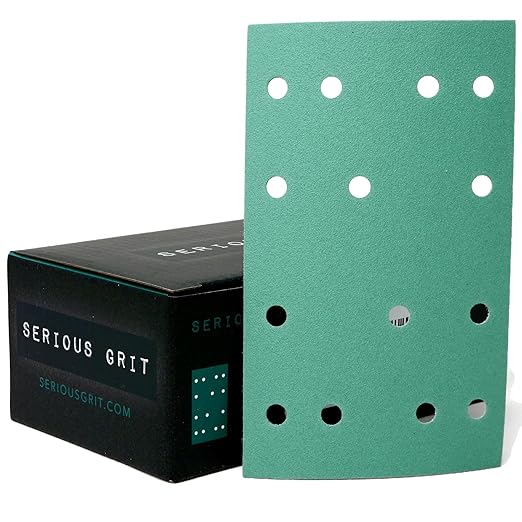 Serious Grit - 3" x 5" (80mm x 133mm) 14-Hole 180 Grit Sanding Sheets - Fits Festool RTS 400 & Mirka Deos 353 - Heavy-Duty Hook & Loop Film Abrasives - Sandpaper for Sheet Sanders - 50 Pack Box