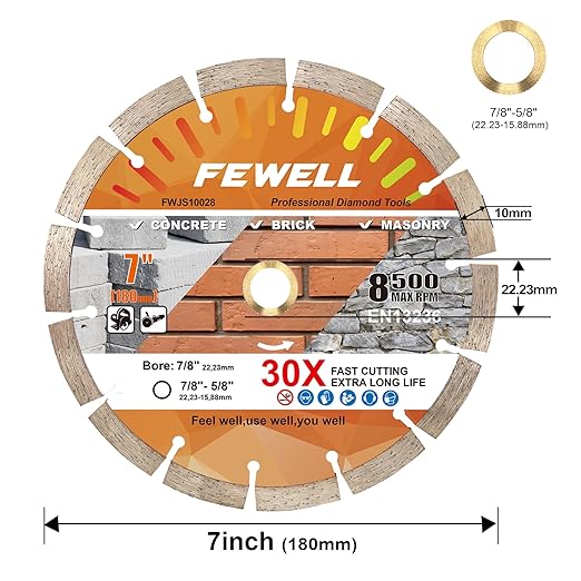FEWELL 7 Inch Diamond Blade,Concrete Segmented Saw Blade for Angle Grinder Dry/Wet Cutting Concrete Masonry Brick Block Stone with 7/8"-5/8??Adapter