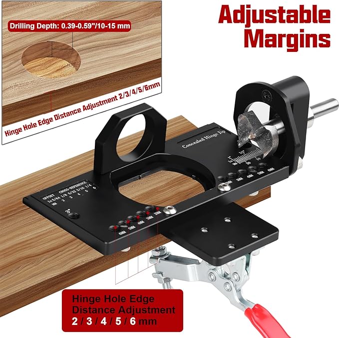 35mm Concealed Hinge Jig, Cabinet Hardware Jig with Quick Clamp and Dust Collection Adapter, Aluminum Alloy Hinge Hole Drilling Jig, Woodworking Tool for Door Cabinets Hinges Mounting