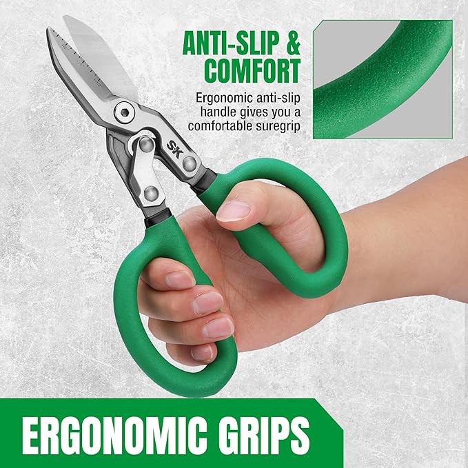 SK 8" Compound Action Tin Snips, Metal Shears with Forged Blade, Heavy Duty Metal Cutter Scissors, Ergonomic Handle for Comfortable Grip