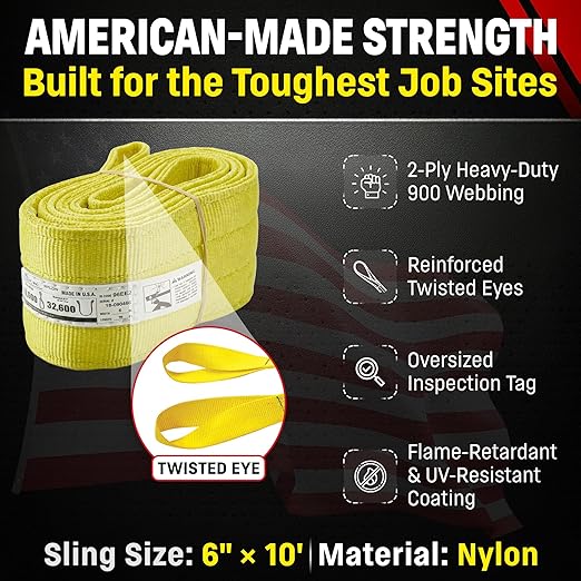 DD Sling 6 Inch x 10 Foot Nylon Lifting Sling – USA Made, 16,300 lb Vertical, 13,000 lb Choker, 32,600 lb Basket – 2-Ply Heavy Duty 900 Webbing, Type 4 Twisted Eye & Eye Rigging Sling