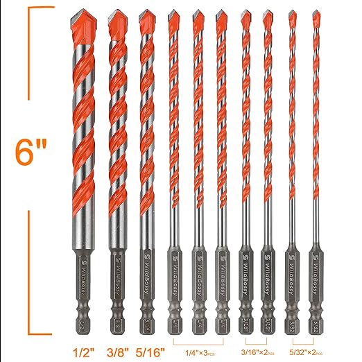 Concrete Carbide Drill Bits Hex Shank Masonry Cement Tile Drill Bit Set for Glass/Brick/Plastic/Cement/Tile 3/8" (5PCS)