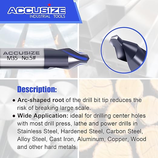 Accusize Industrial Tools (#1-#5), SAE 3/64"-3/16", 6 Pc ANSI M35 (H.S.S. +5% Cobalt) TiAlN Coated Center Drill Bit Set, Inch Sizes, 3500-6001