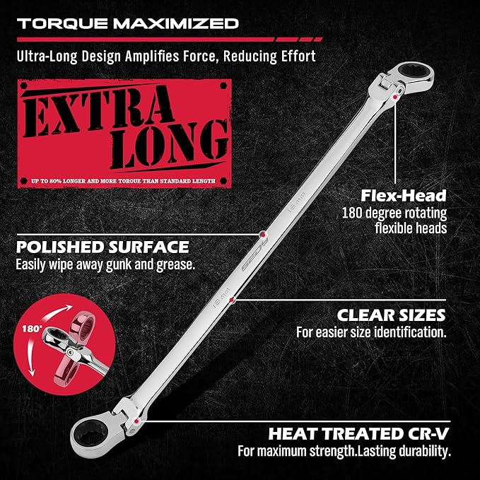Extra Long Flex-Head Ratcheting Wrench Set, Anti-Slip 6-Piece Double Box End Wrench Set, 72-Teeth, Metric 8-19mm, CR-V Steel Wrench with Rolling Pouch