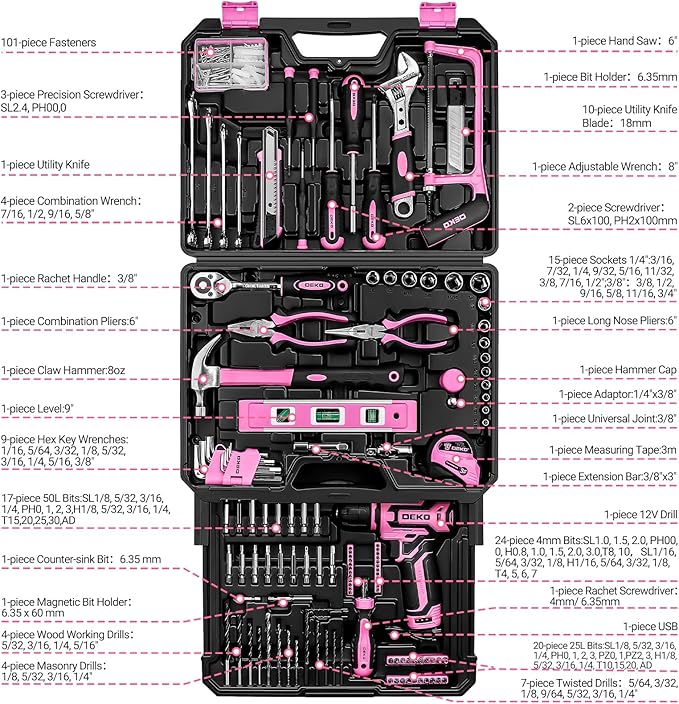 Pink Tool Kit Box Drill Set竊숧EKOPRO Home Mechanic Toolbox with 12V Power Cordless Drill Hand Repair Tools Sets Combo Kits Storage Organizer Drawer Case for Men & Women