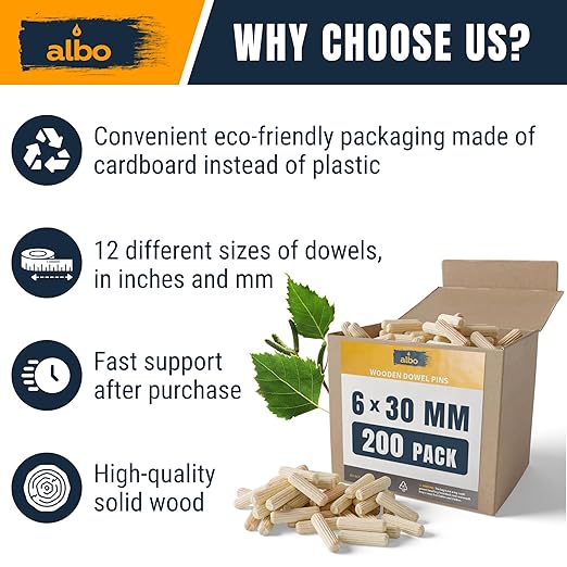 ALBO Wooden Dowel Pins 6mm x 30mm Fluted Wood Dowels Rods 200 Pack Hardwood Crafts Dowel Pegs