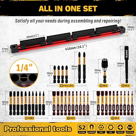 ELEAD 38-Piece Hex | Torx | Phillips Screwdriver Bit Set with 2.5??& 4??Bit Holder, Magnetic Bit Storage Rail, Allen Wrench Drill Bit Set, Tamper Proof Star Bit Set, S2 Steel