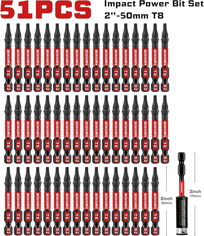 51 Pieces T8 Impact Tough Magnetic Screwdriver Bit Set, 2 In. #8 Torx Head Power Bit Set, S2 Alloy Steel T8 Star Bit with 1Pc Impact Bit Holder