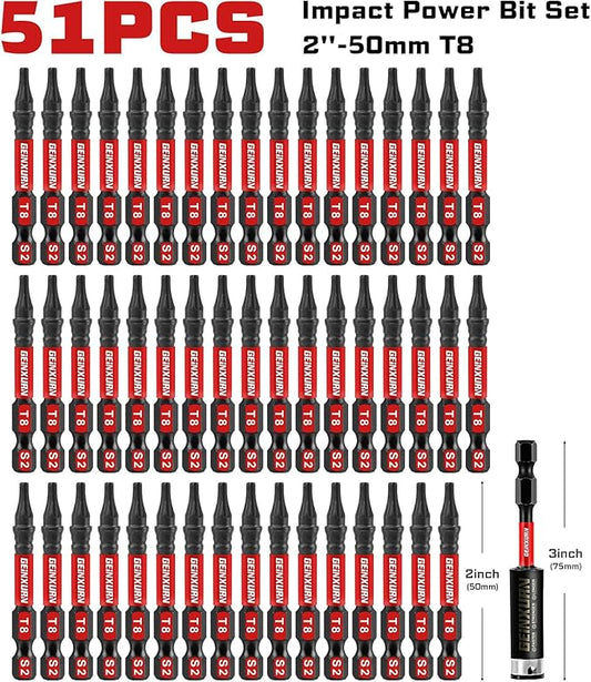51 Pieces T8 Impact Tough Magnetic Screwdriver Bit Set, 2 In. #8 Torx Head Power Bit Set, S2 Alloy Steel T8 Star Bit with 1Pc Impact Bit Holder
