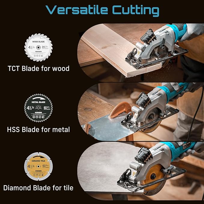 Seesii Mini Circular Saw with Laser Guide,4.8A 4000 RPM Compact Corded Circular Saw with Rip Guide,3 Blades (4-1/2") for Wood,Soft Metal,Tile,Plastic Cutting,Max Cut Depth 1-11/16"(90°),1-1/8" (45°)