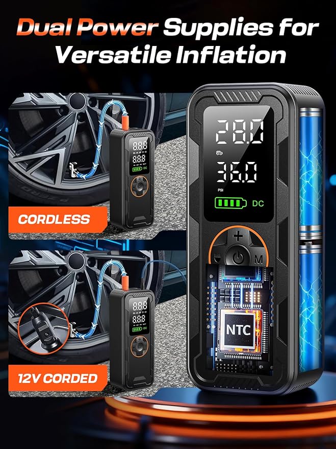 Tire Inflator Portable Air Compressor, 150PSI Electric Air Pump with Digital Pressure Gauge, Fast Inflation, Auto Shut-Off, 12V LED Light, Compact&Cordless Quick Inflation for Car, Motor, Bikes, Balls