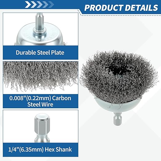 Wire Brush for Drill (2"/50mm) 1Pack, Crimping Steel Wire 0.008" (Carbon Steel) Wire Brush Drill Attachment with 1/4" Hex Shank - for Rust, Cleaning, Deburring on Cast Iron