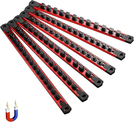 ALOANES 6-Piece Magnetic Socket Organizer, Heavy Duty Aluminum Socket Rails Organizer, 360째 Swivel Clips Socket Holder Kit for Tool Box, 1/2, 3/8, 1/4-Inch Socket Holder x 80 Clips (Red)