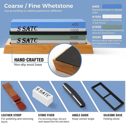 S SATC Knife Sharpening Stone Whetstone 4 Side Grit 400/1000 3000/8000 Stone Knife Sharpeners with Nonslip Rubber Bases, Wood Base, Flattening Stone, and Leather Strop