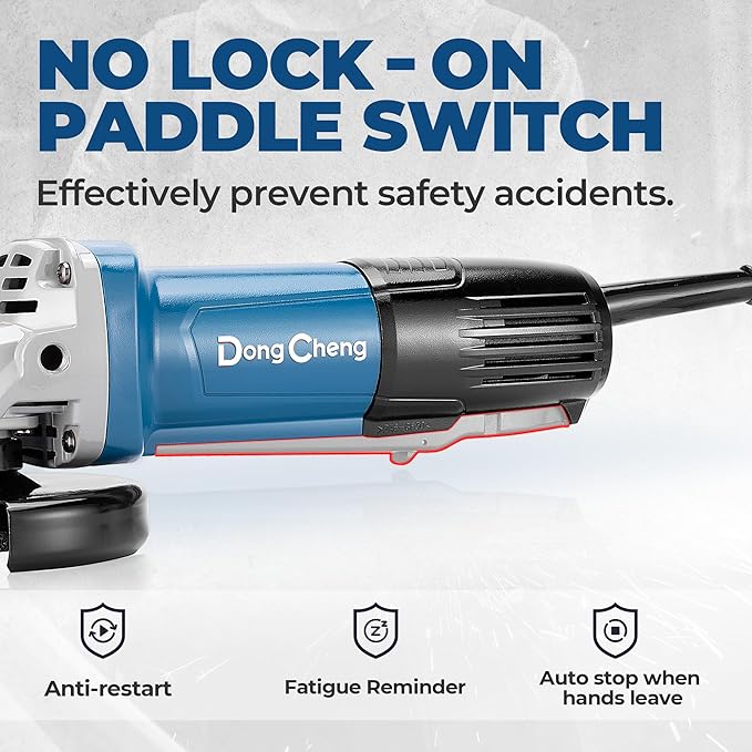 DongCheng Angle Grinder 4-1/2 inch 6.7-Amp Paddle Switch 11800RPM Power Electric Grinder Tools with Cutting & Grinding Wheels, Flap Discs, Auxiliary Handle for Metal & Rust Removal, Beginner-Friendly