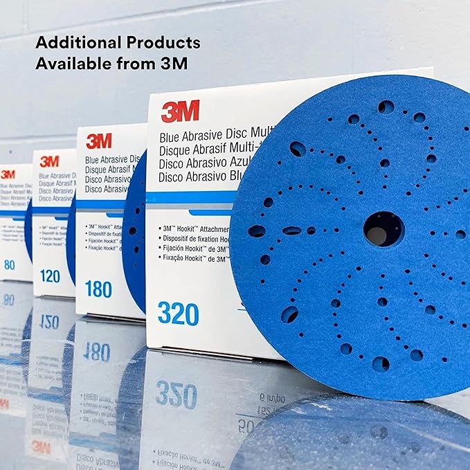 3M Hookit Blue Abrasive Discs 36181, Multi-Hole, 6 in, 400+ Grade, Pack of 50, Virtually Dust-Free, for Auto Sanding, Body Repair, Featheredging, Primer Sanding, Paint Preparation, E-Coat