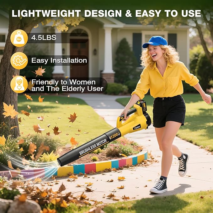 Leaf Blower Cordless with 2횞5.0Ah Battery and Fast Charger,1200W Handheld Blower for Lawn Care,6 Speed Powerful Electric Leaf Blower for Snow Removal,Patio,Dust,Car Blowing Water
