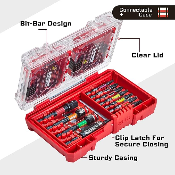 52Pcs Impact Screwdriver Bits Set, Magnetic S2 Steel 1??2??Phillips/Square/Torx/Slotted/Hex Bits Tips,Impact Bit Holder and Nut Driver and Socket Adapter Set with Red Storage Box Case