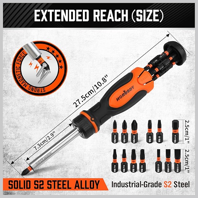HORUSDY Magnetic Ratcheting Screwdriver Set: 14-in-1 Bits & 1/4" Driver, Multi-Sized Phillips, Slotted, Square, Torx, Hex for Garage & Daily Repair