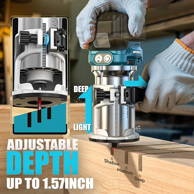 Cordless Compact Router Compatible with Makita 18V Battery, With 15Pcs Router Bits 6 Variable Speeds for Woodworking, 800W 30000 RPM Fixed Base Wood Router With Trim Bits