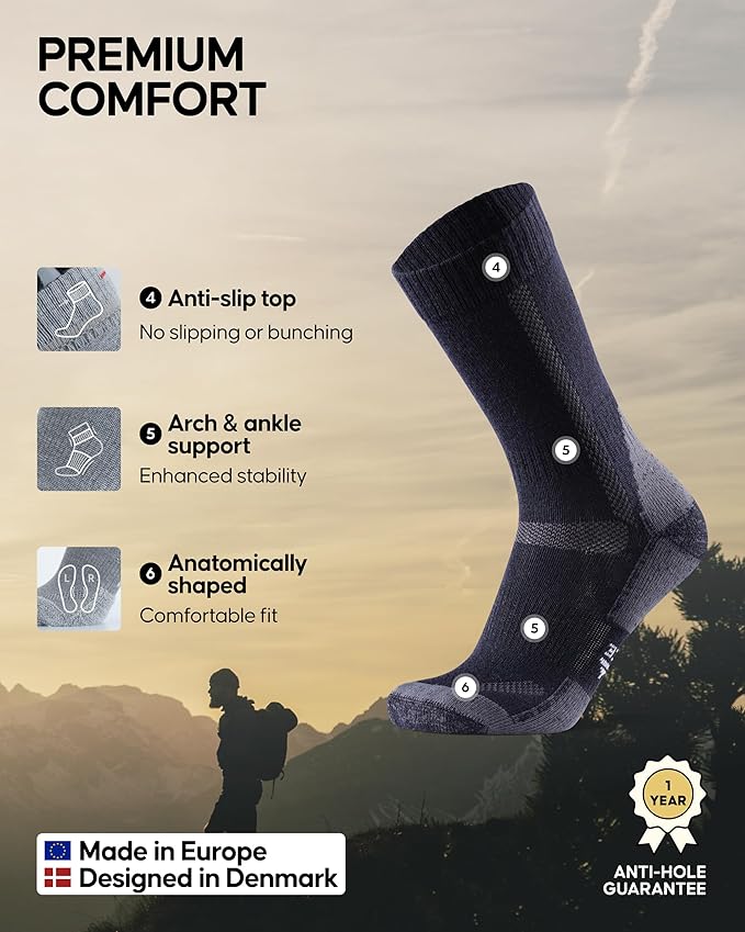 DANISH ENDURANCE Merino Wool Hiking Crew Socks for Men & Women, Cushioned Anti-Blister, Breathable - 3 Pairs