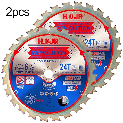 2-Pack 6-1/2" 24 Tooth 5/8" Arbor Woodworking Circular Saw Blade,Framing/Demolition,Special Anti-Thermal Adhesion Coating on Cutting Head -TA, DEM 6-1/2" 24T-TA