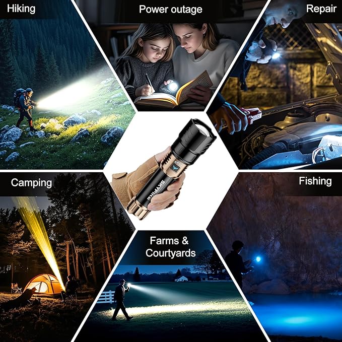 SKYFIRE LED Flashlights High Lumens with Ignition Lens&Color-Changing Yellow/Blue Lenses,2000lm Super Bright Rechargeable,Zoomable,4 Modes,Waterproof Tactical Light for Camping,Outdoor,Home&Gifts