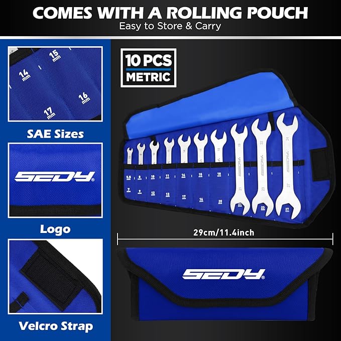 10-Piece Super Thin Open-End Wrench Set, Metric 5.5??7mm, 3mm Thickness Slim Wrench Set for Tight Spaces, Nickel Plated Flat Wrenches with Rolling Storage Pouch