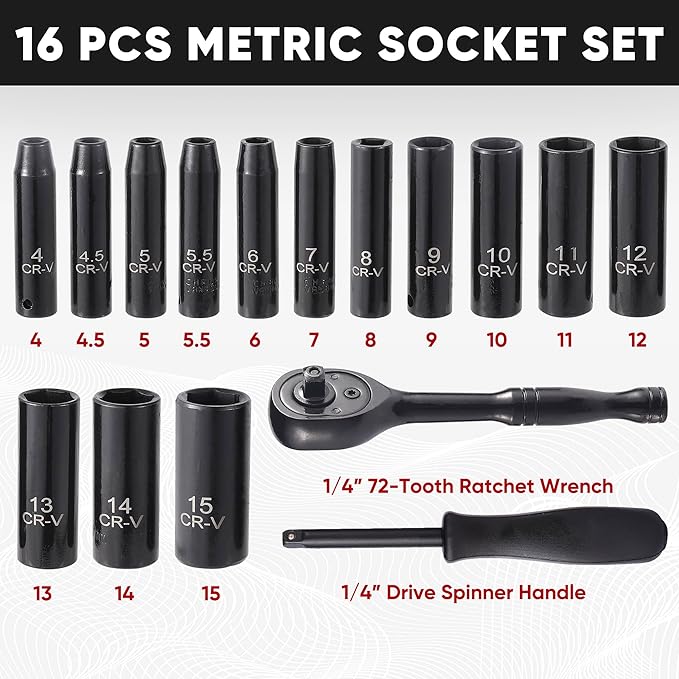 Aloanes 1/4" Drive Socket Set, 16-Piece Metric (4mm-15mm) Deep Sockets, 72-Tooth Ratchet Wrench, Drive Spinner Handle, 6 Point Design, Cr-V Steel