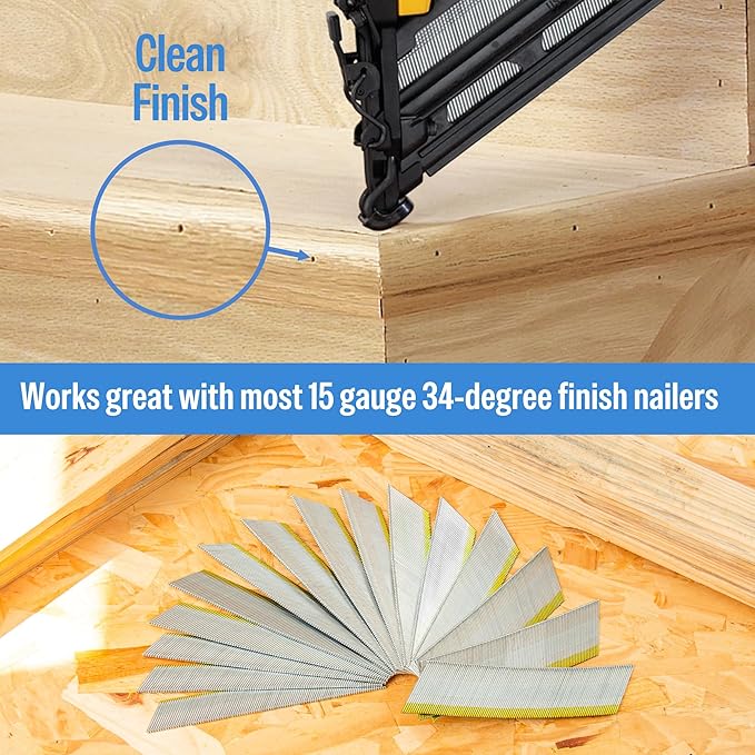 meite 15 Gauge 34 Degree Angled Finish Nails, 2 Inch Leg Galvanized No-Rust DA-Style Nails for Nailer Gun, Glue-Collated Trim for Baseboard Crown Cabinet Window Molding, 2 Boxes x 2,400PCS