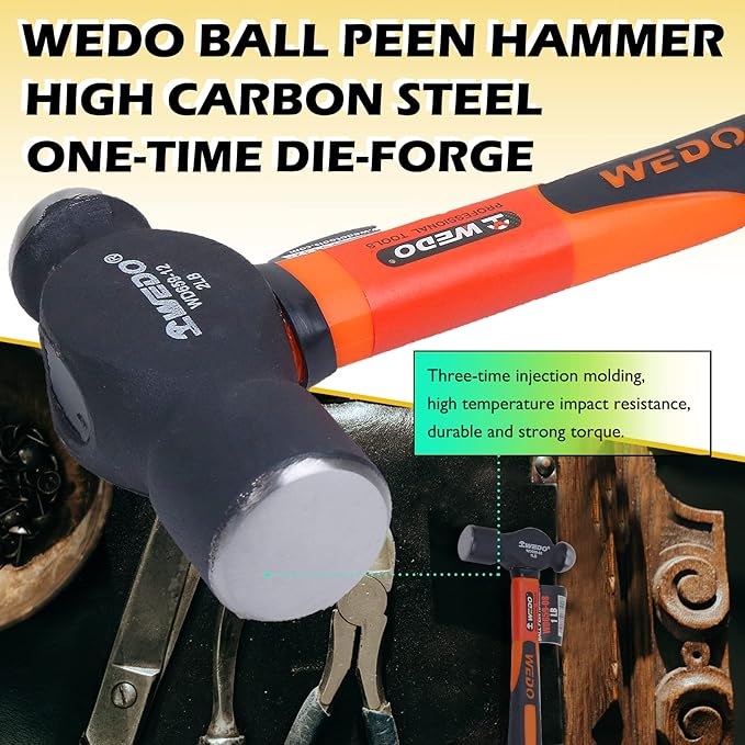 WEDO Ball Peen Hammer, Ball Pein Hammer with Fiberglass Handles 32oz(2 lb), High Carbon Steel,Shock Resistant, Non-Slip Handle, Die-forged, Strong Torque, DURABLE, 340mm Length