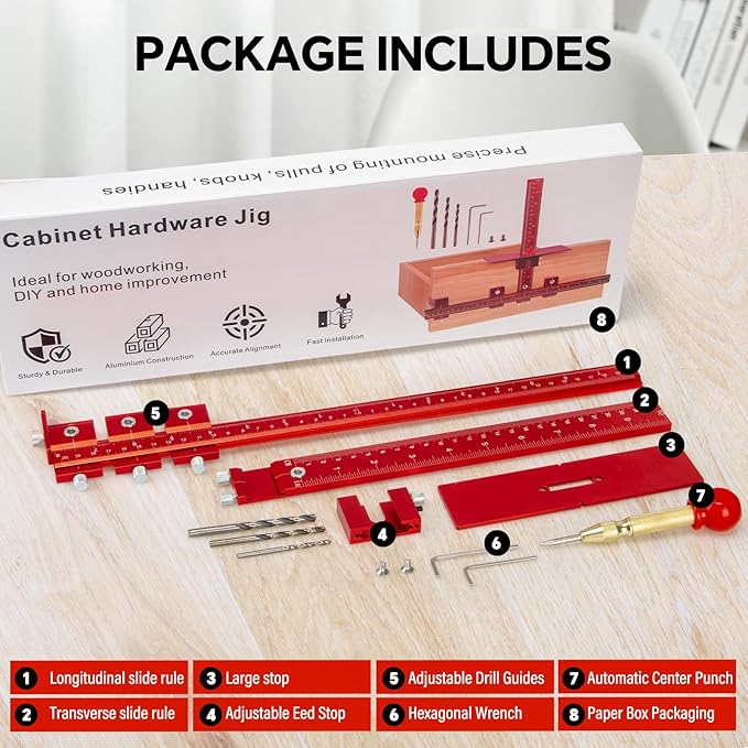 Aluminum Cabinet Hardware Jig Tool for Handles Pulls Knobs, Cabinet Pull Jig with Automatic Center Punch, Hardware Template for Door Drawer Handles Installation