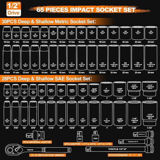 Impact Socket Wrench Set 1/2" Drive - Trivd Frol 65pcs Impact Socket Set Metric and Standard Full, Metric Socket Set 8-24mm & SAE Socket Set 3/8"-1-1/4", Shallow & Deep Socket Set, Extensions, Adapter