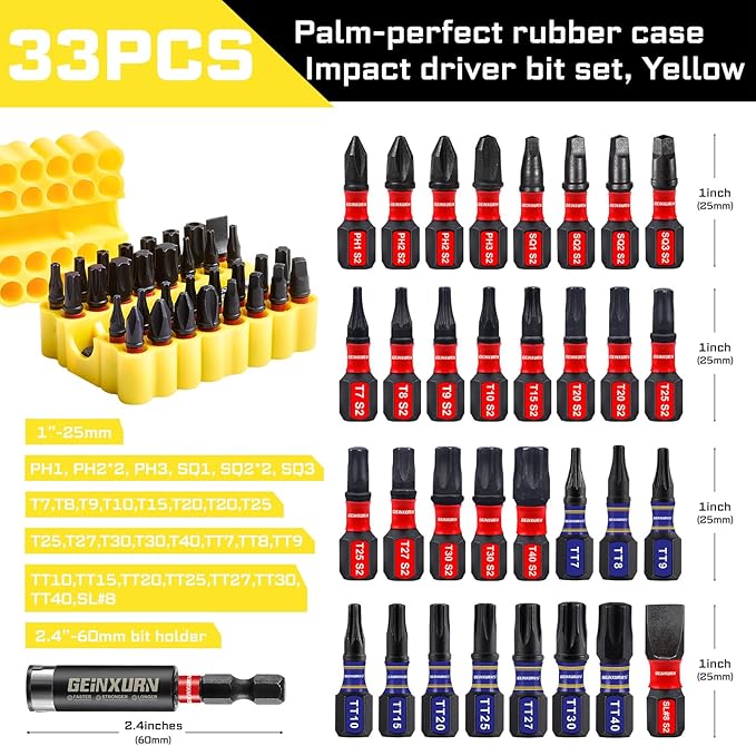 Impact Screwdriver Bits Set, 33 Pieces 1?쒶ulti Head Magnetic S2 Steel Driver Bits PH/SQ/Torx/Slotted/Security Torx With Yellow Soft Base