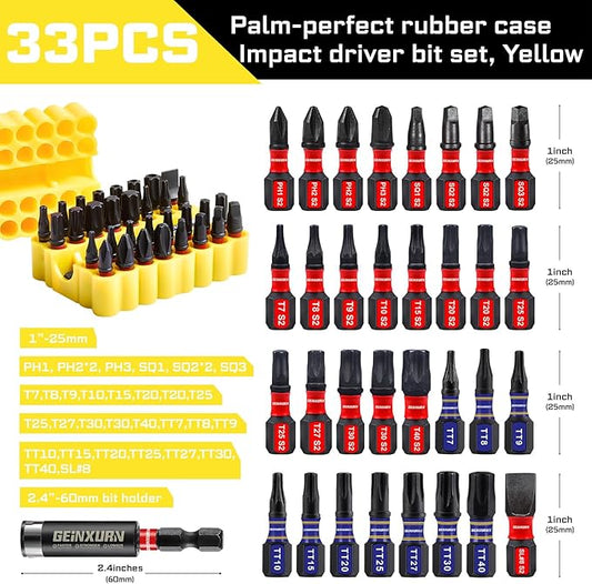 Impact Screwdriver Bits Set, 33 Pieces 1?쒶ulti Head Magnetic S2 Steel Driver Bits PH/SQ/Torx/Slotted/Security Torx With Yellow Soft Base