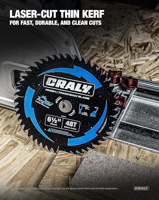CRALY 6-1/2 Inch 48 Teeth Track Saw Blade, Ultra Finish Wood Cutting Plunge Circular Saw Blade, 5/8 Inch Arbor, Carbide Tipped, Thin Kerf, Black Ice Coating, for Plywood, MDF, OSB, Laminated(C0648TS)