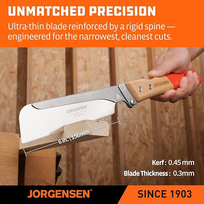 JORGENSEN Japanese Pull Saw, 6 Inch Pro Folding Dovetail Saw with Beech Wood Long handle, SK5 Steel Blade Tool-less Quick Change, 21TPI Cross Cut Woodworking Handsaw for Hardwood, Softwood