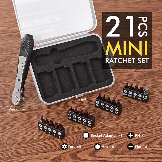 Mini Ratchet Set, Right Angle Screwdriver set with 1/4 Mini Ratchet Wrench and Bits for Tight Spaces